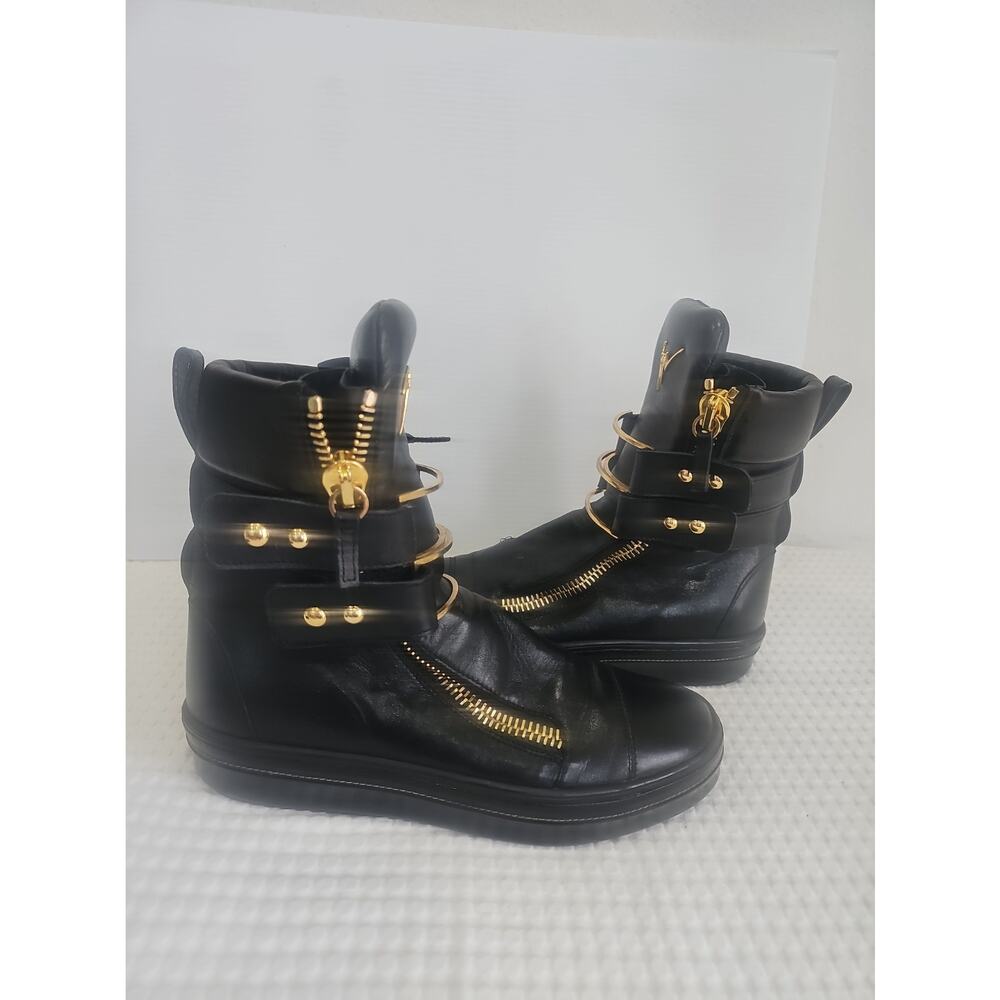Giuseppe Zanotti Black Leather High Top Boot Sneakers Gold Zipper EU 43 - Picture 3 of 15